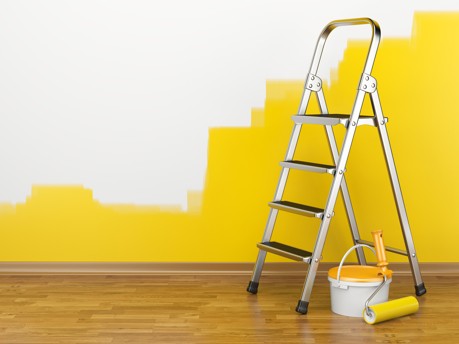 Home Improvement. Ladder paint can and paint roller near a wall of yellow colour. 3d illustration