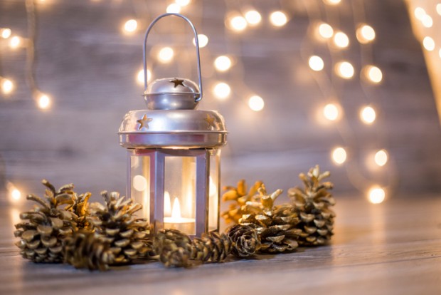 Christmas lantern with pinecones