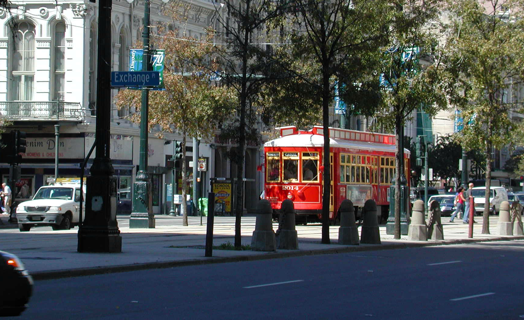 The newly revived Canal Streetcar makes its way down the famous Canal Street in New Orleans.